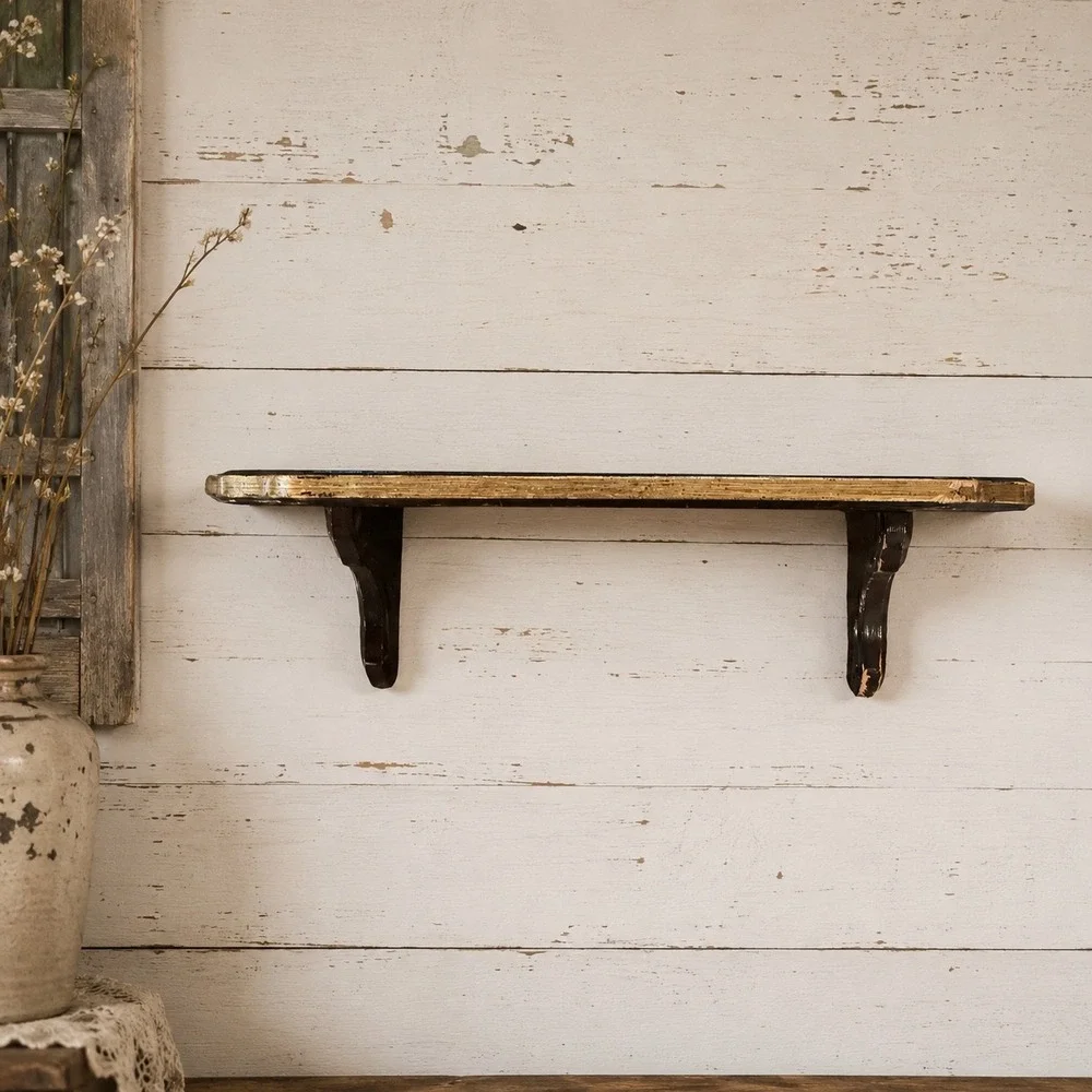 Vintage Dark Wood Wall Shelf Gold Gilt Trim Floating Corbel Brackets 17.5 Inch